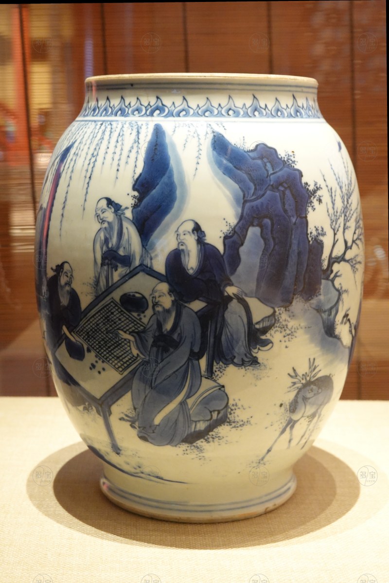 明崇祯（1628-1644） 青花五老图罐 - 图2