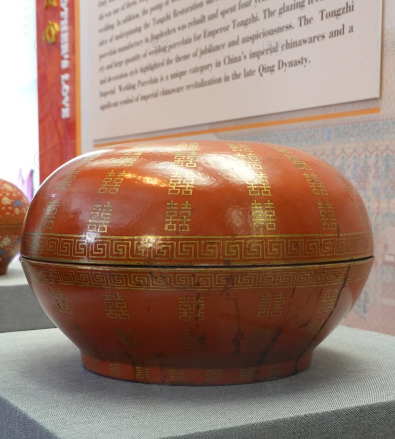 清同治（1862-1874） 矾红地金彩双“喜”字圆盒 - 图3