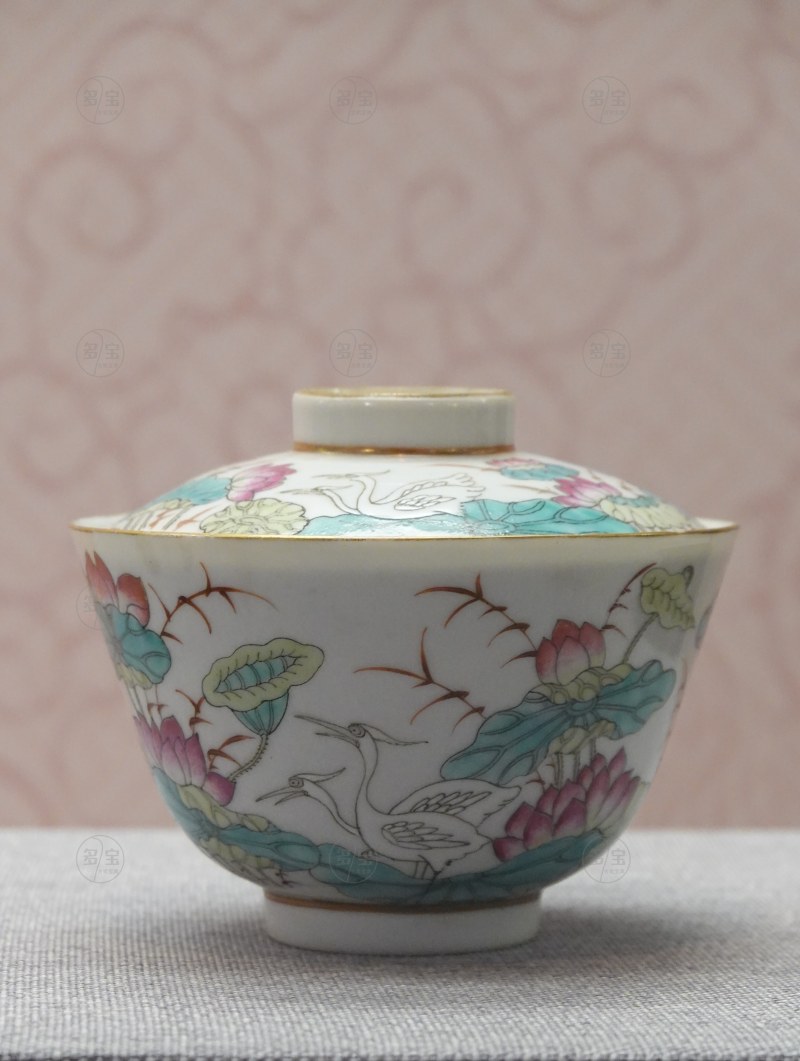 清光绪（1875-1908） 粉彩荷莲鹭鹭纹盖碗