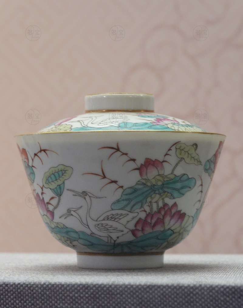 清光绪（1875-1908） 粉彩荷莲鹭鹭纹盖碗 - 图2