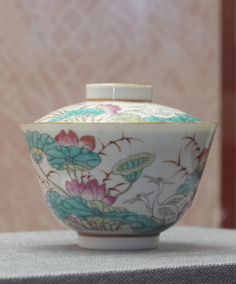 清光绪（1875-1908） 粉彩荷莲鹭鹭纹盖碗 - 图3