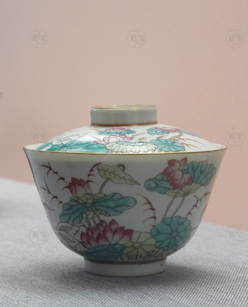 清光绪（1875-1908） 粉彩荷莲鹭鹭纹盖碗 - 图4