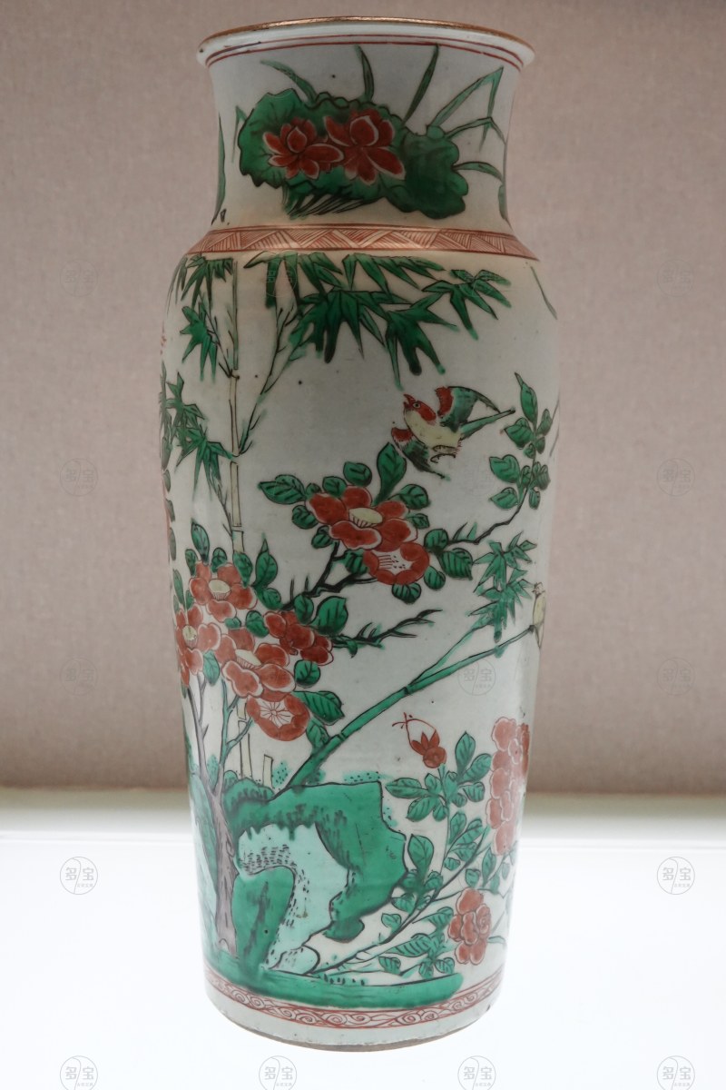 清顺治 五彩花鸟纹筒瓶