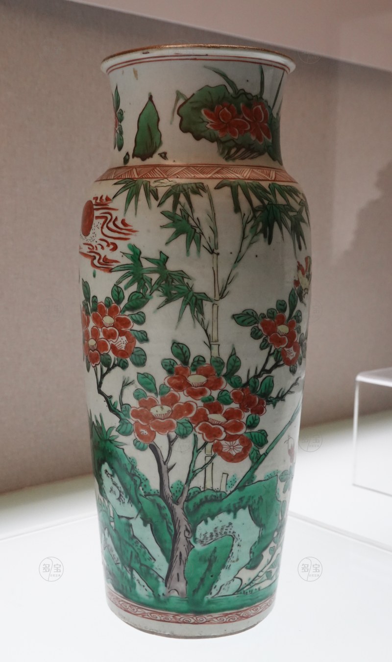 清顺治 五彩花鸟纹筒瓶 - 图2