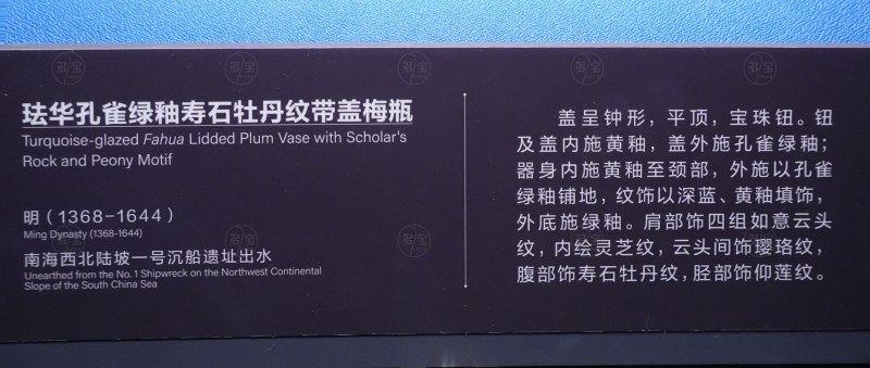 明（1368-1644） 珐华孔雀绿釉寿石牡丹纹带盖梅瓶 - 图5