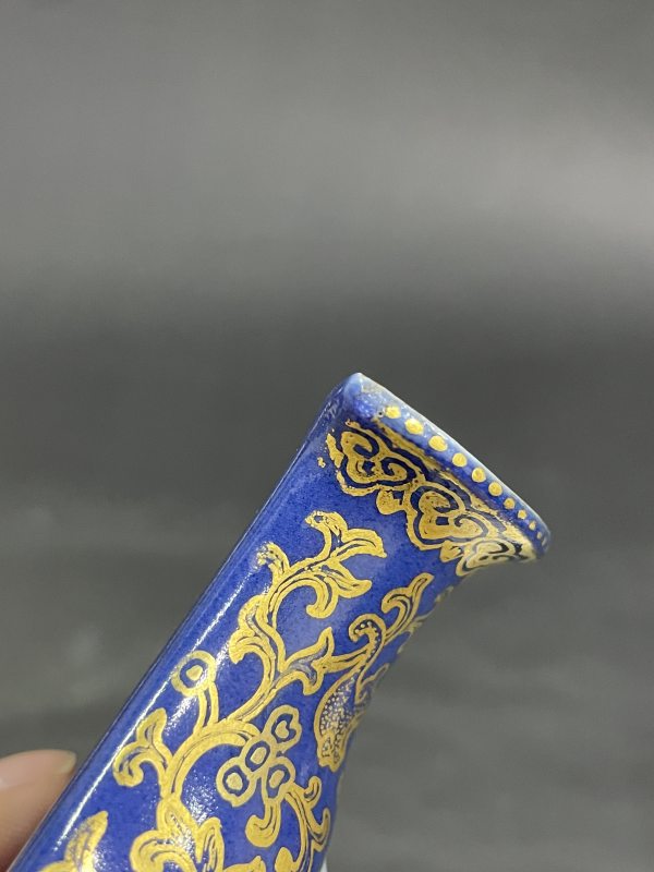 清乾隆霁蓝描金花卉御题诗文葫芦壁瓶-多宝古瓷宝典