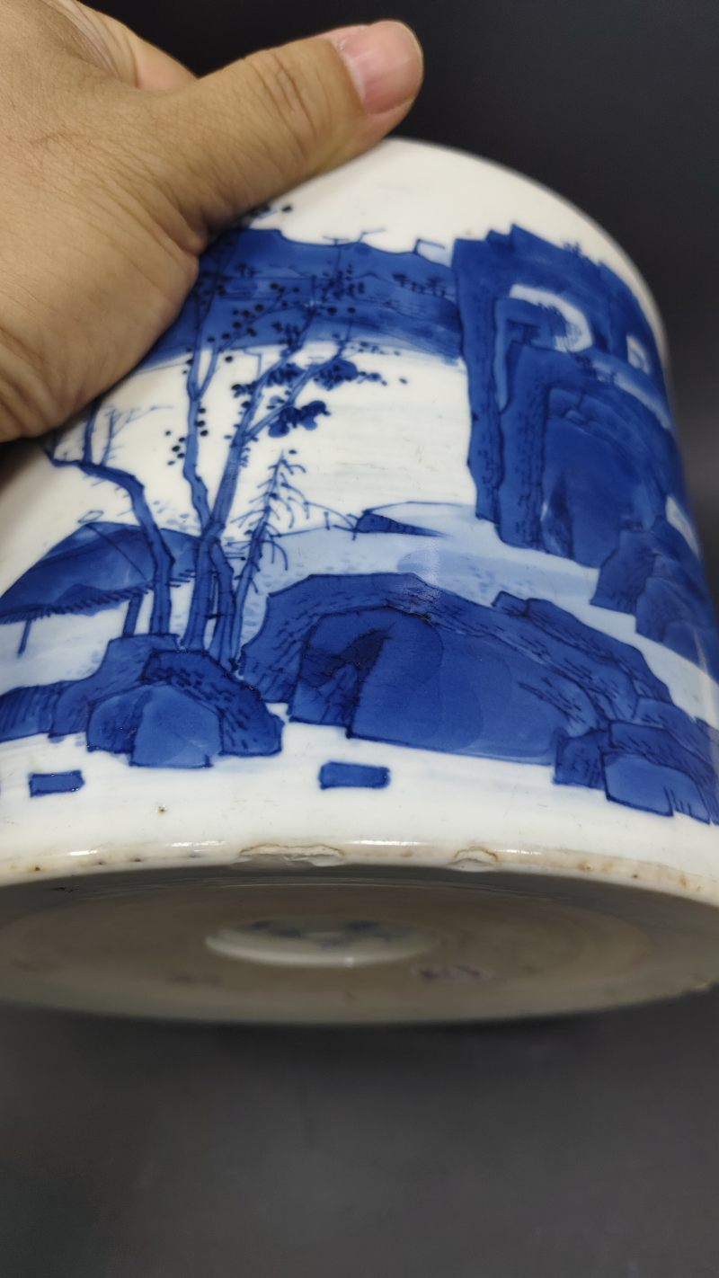 清康熙青花山水人物纹大笔筒-多宝古瓷宝典