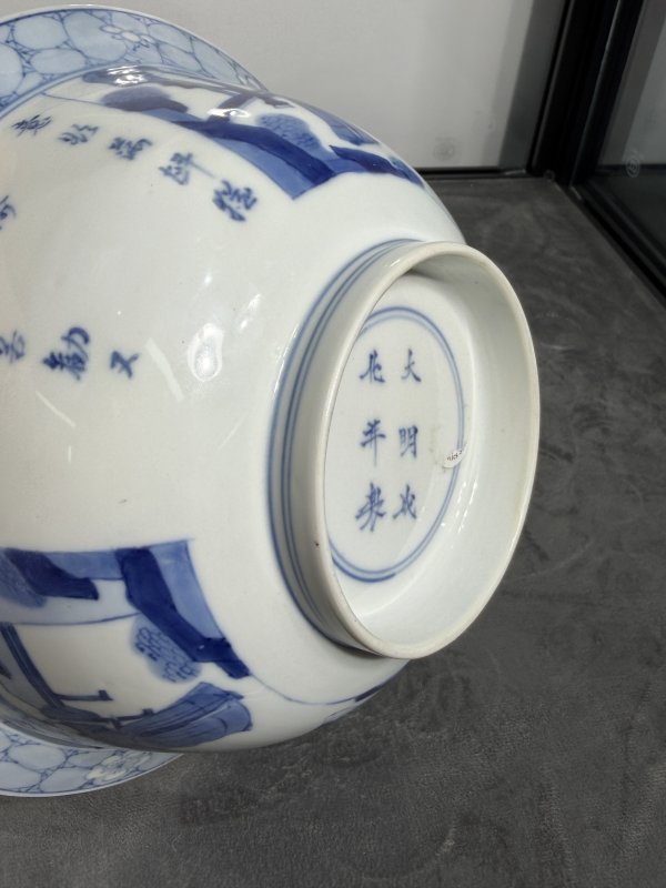 清康熙青花西厢记人物故事纹折沿碗 - 图11