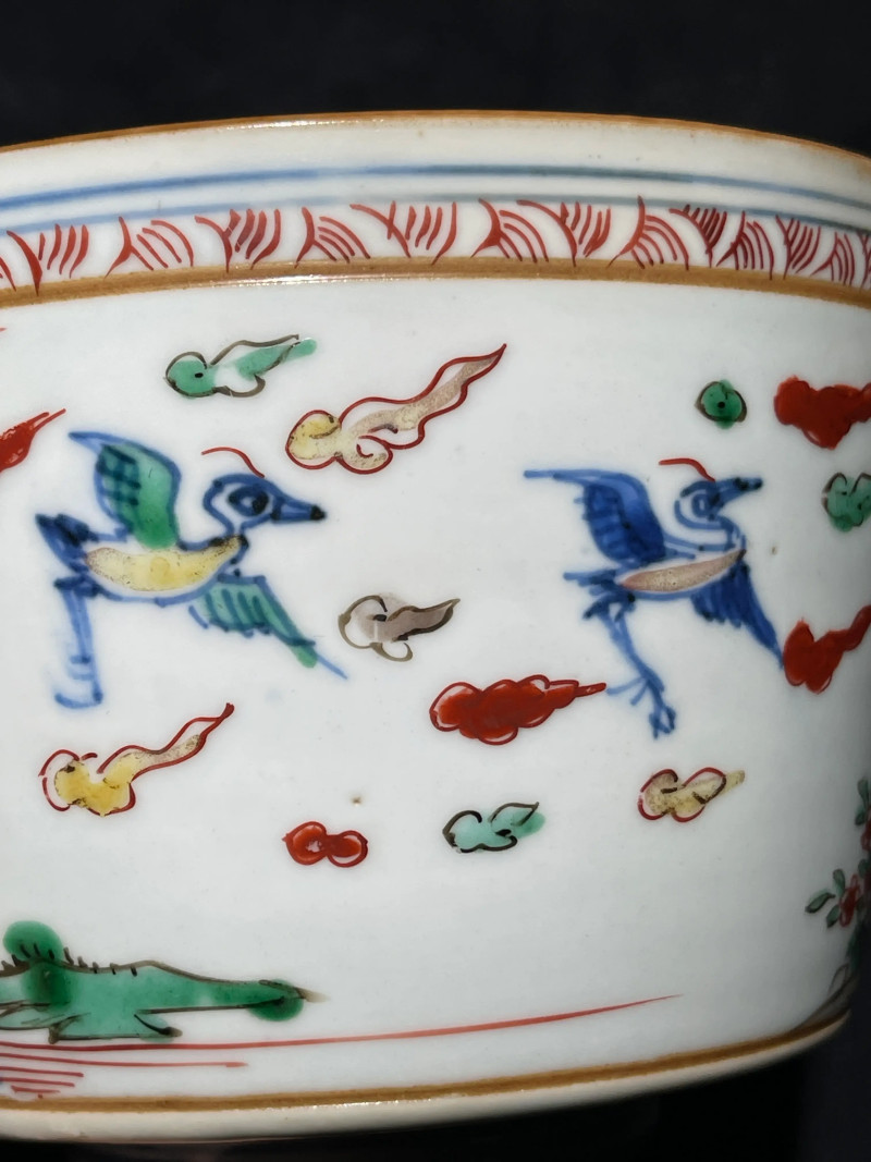 明晚期 青花五彩山水花鸟纹筒式炉 - 图7