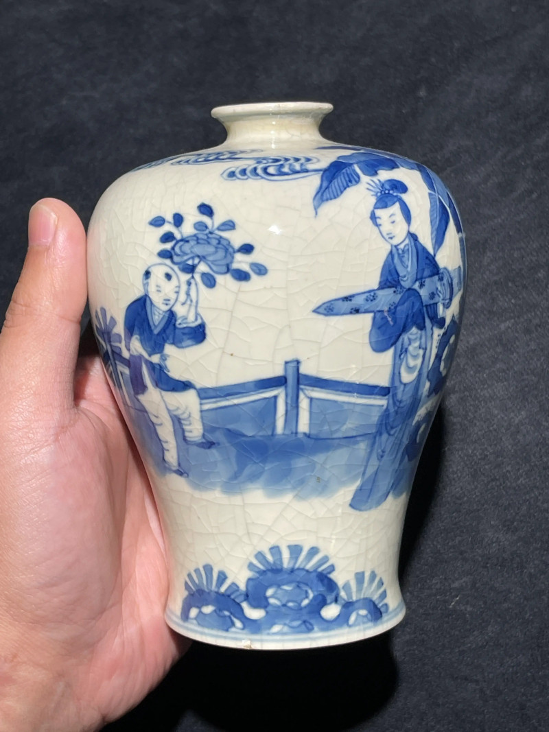 清晚期 浆胎青花折桂图梅瓶一对 - 图16
