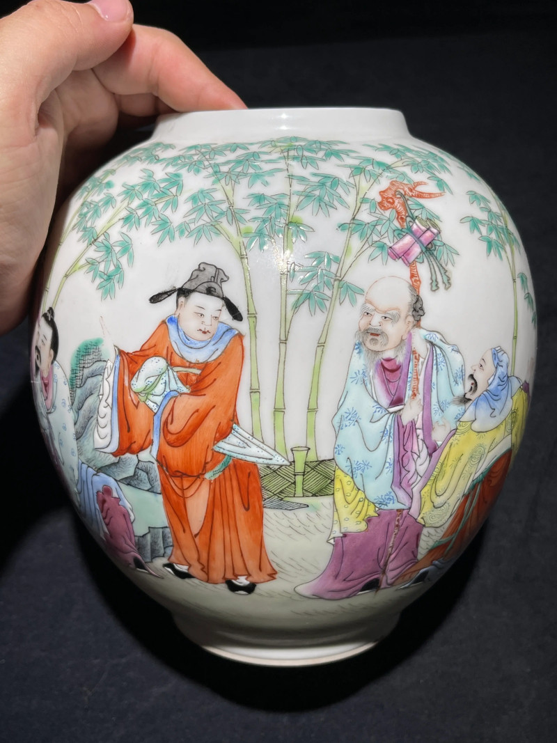 民国 粉彩竹林七贤纹皮灯一对 - 图12