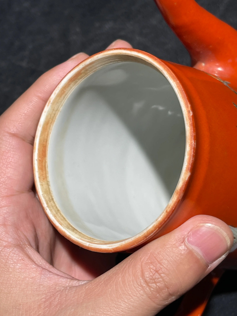 清咸丰 珊瑚红地粉彩花鸟纹执壶 - 图12