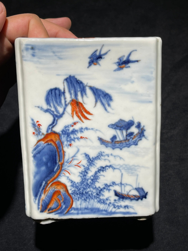 清乾隆 青花矾红描金山水诗文方笔筒 - 图5