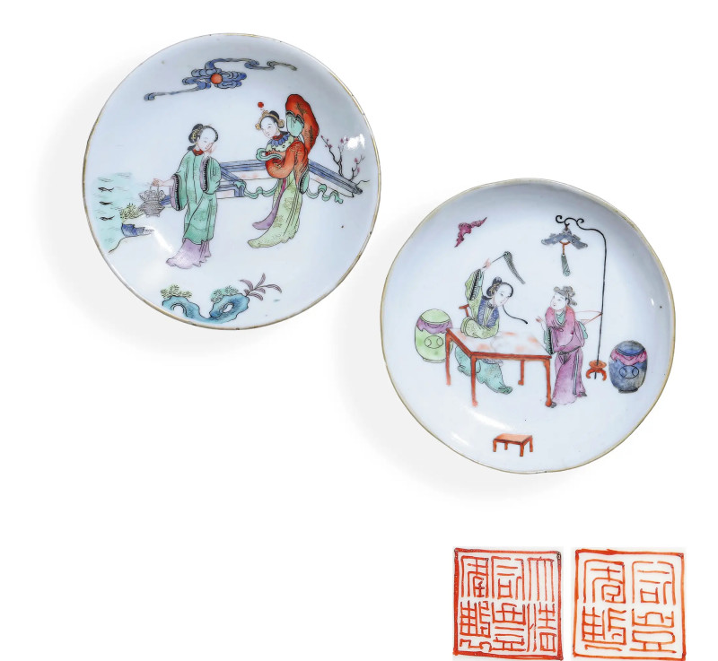 清咸丰 粉彩人物纹盘一对