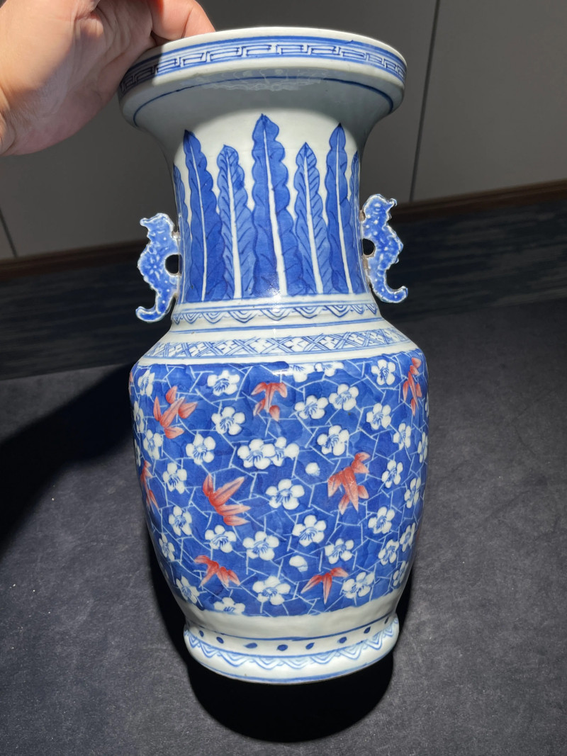清中期 青花釉里红冰梅竹纹双耳瓶 - 图4