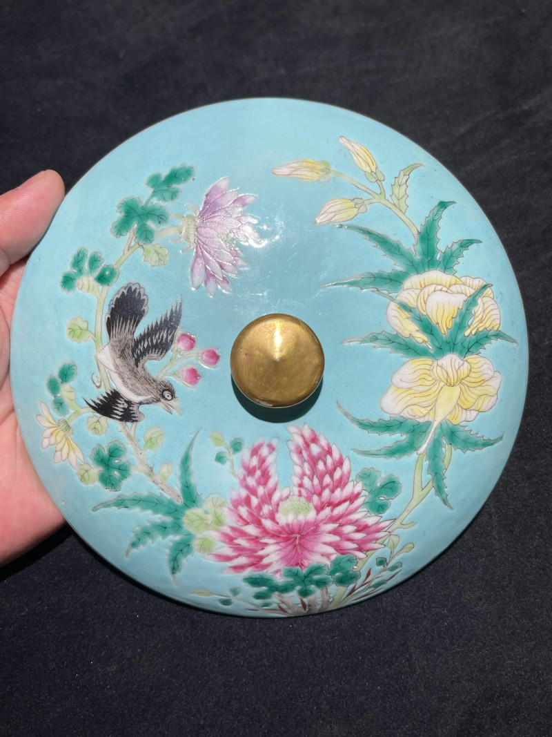 清光绪 松石绿地粉彩花鸟纹温锅 - 图21