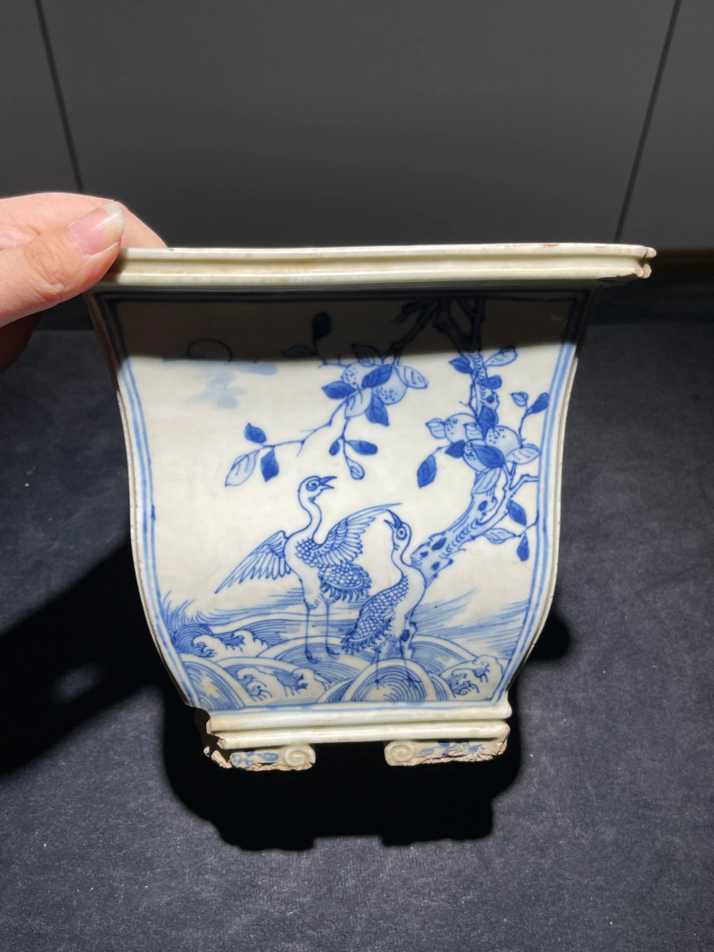 清康熙 青花贺寿图四方倭角花盆 - 图5