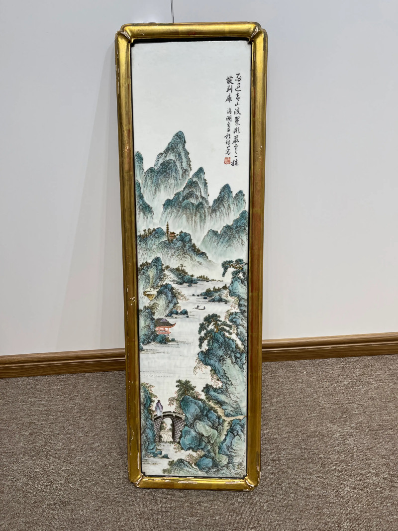 民国 陈宝昌画粉彩山水纹瓷板一对 - 图9
