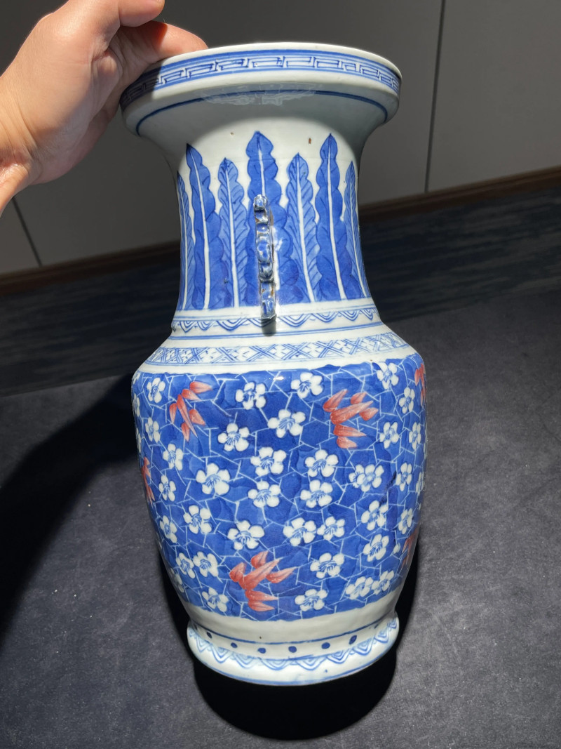 清中期 青花釉里红冰梅竹纹双耳瓶 - 图5