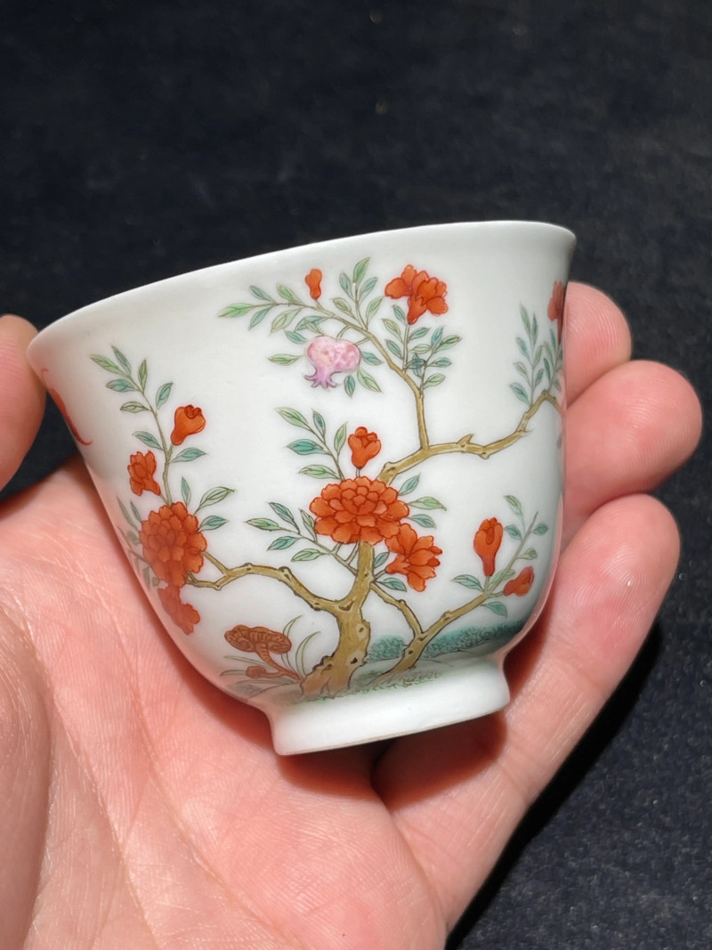 清道光 粉彩花卉诗文杯 - 图2