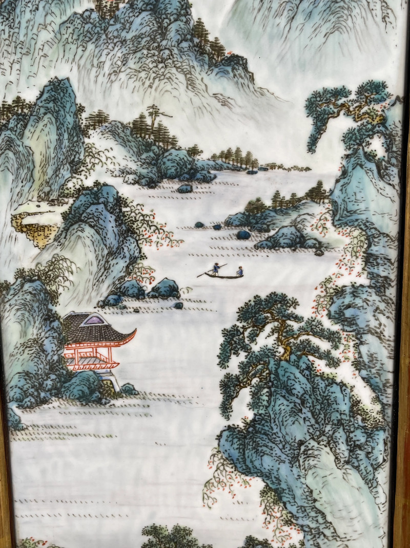 民国 陈宝昌画粉彩山水纹瓷板一对 - 图11