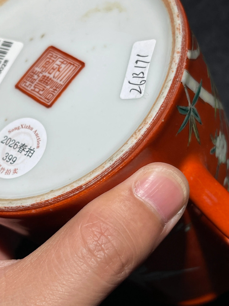 清咸丰 珊瑚红地粉彩花鸟纹执壶 - 图15