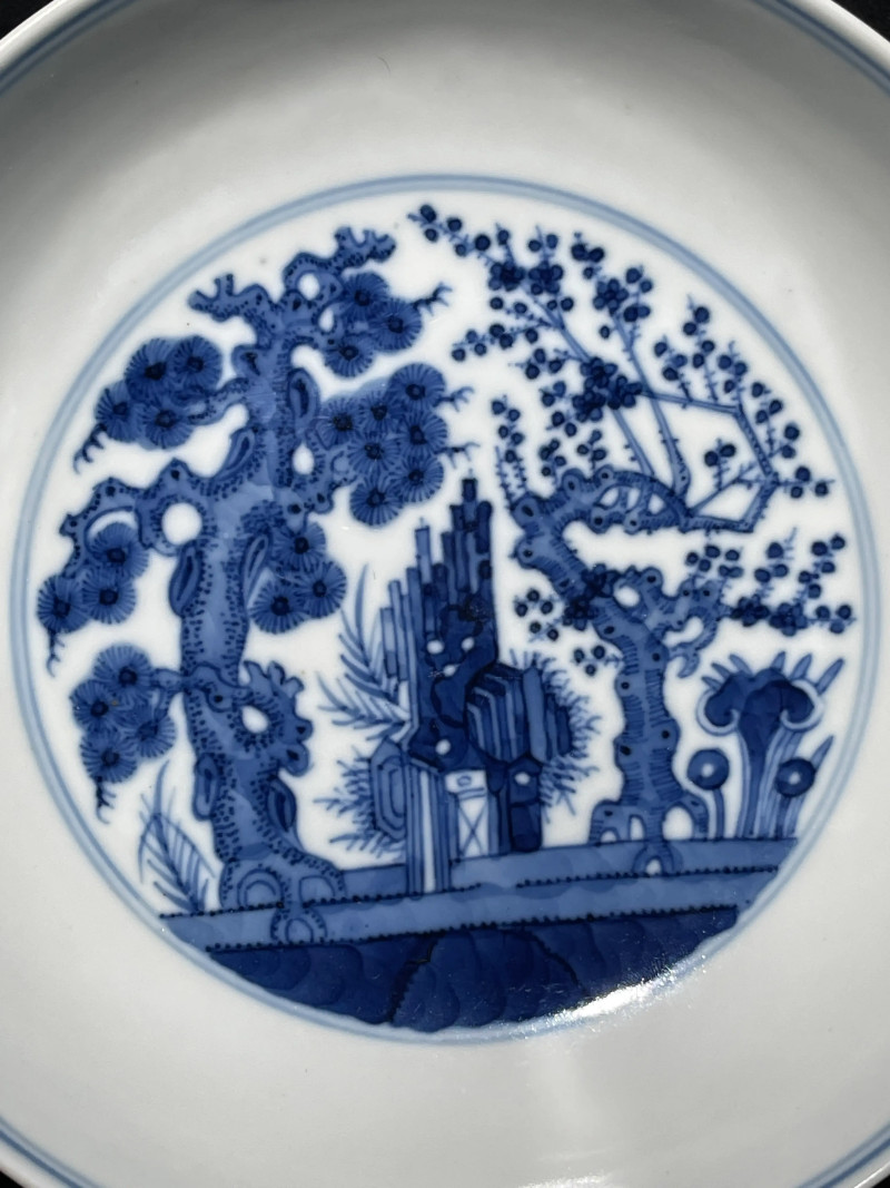 清同治 青花岁寒三友纹盘 - 图3