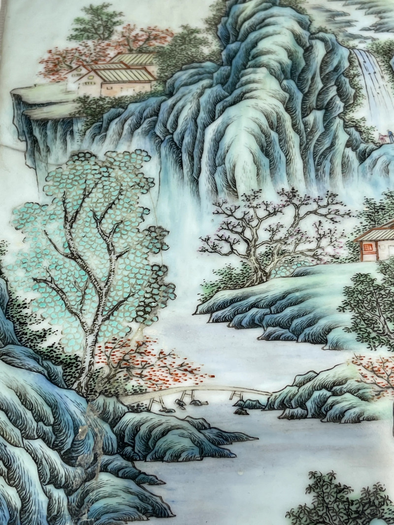 民国 粉彩人物、山水纹瓷板三件 - 图10