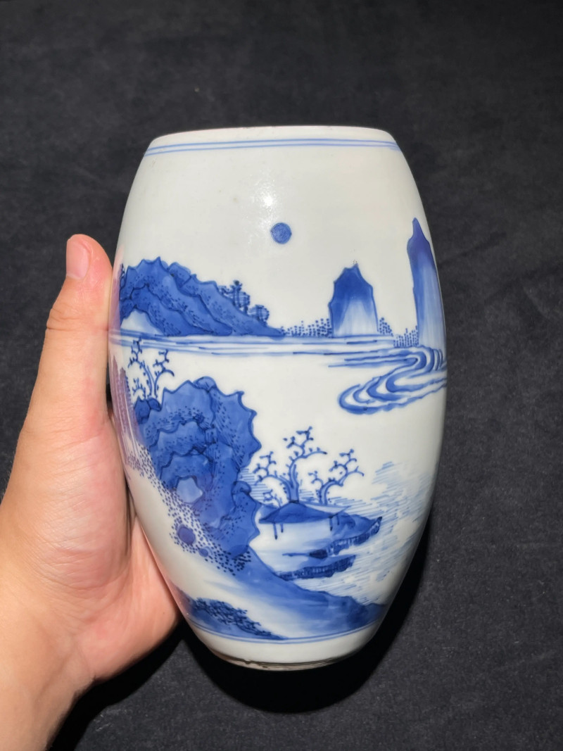 明崇祯 青花山水纹莲子罐 - 图2