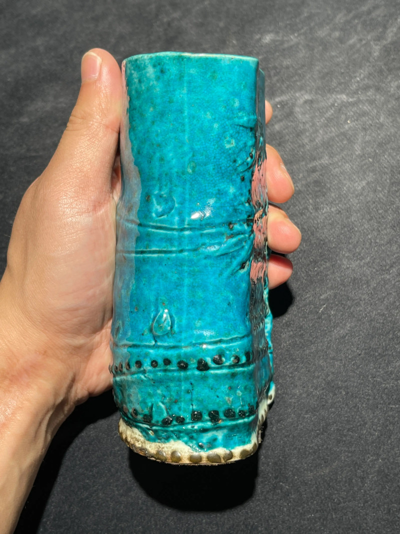 清康熙 孔雀蓝釉竹子形笔筒 - 图4