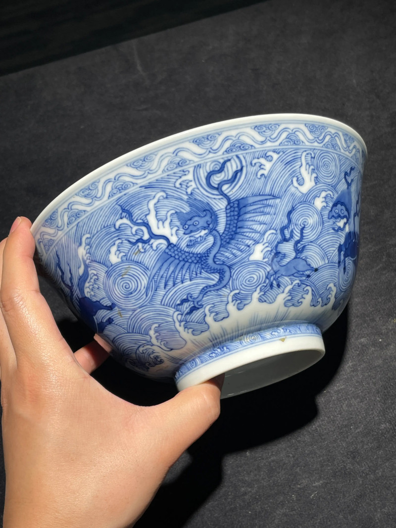 清道光 青花海八怪大碗一对 - 图4