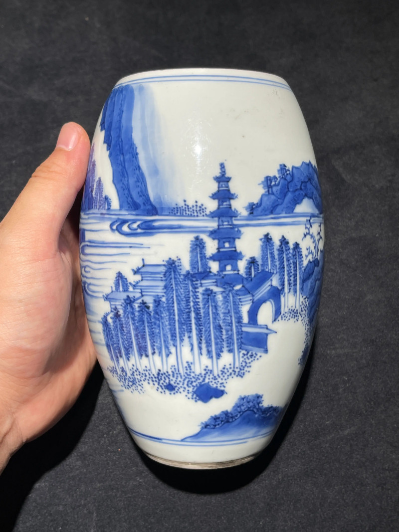 明崇祯 青花山水纹莲子罐 - 图3