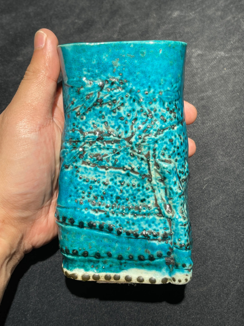清康熙 孔雀蓝釉竹子形笔筒 - 图5