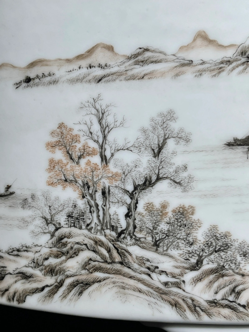 民国 墨彩山水纹花盆一对 - 图5