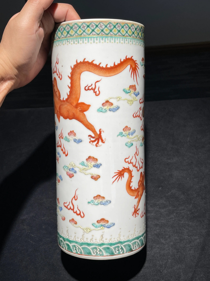 清光绪 粉彩苍龙教子纹帽筒 - 图4