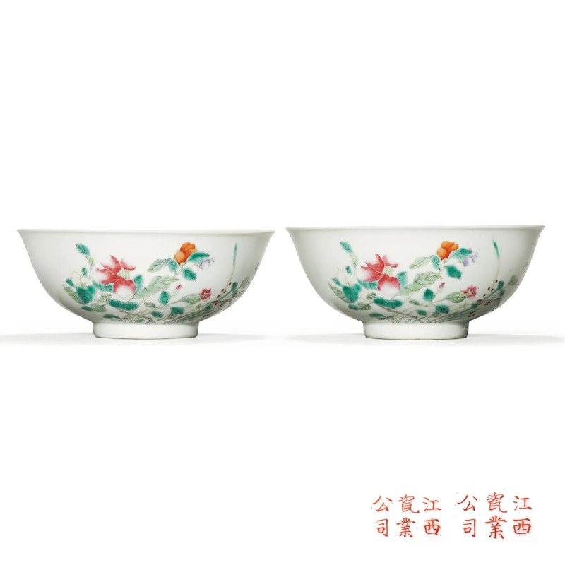 民国 粉彩花卉纹碗一对