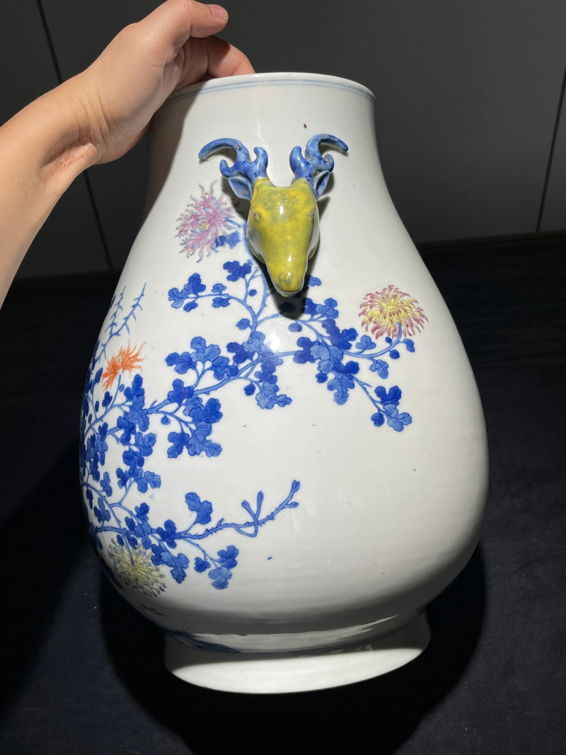清光绪 青花粉彩花卉纹鹿头尊 - 图3