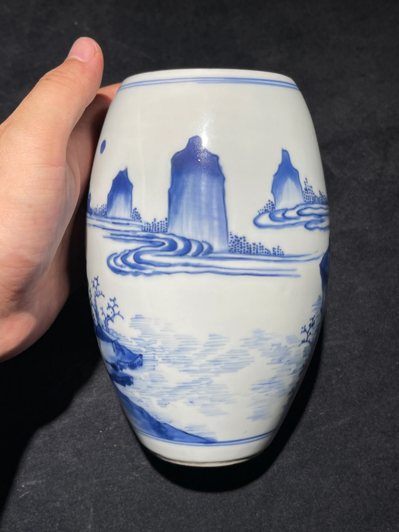 明崇祯 青花山水纹莲子罐 - 图5