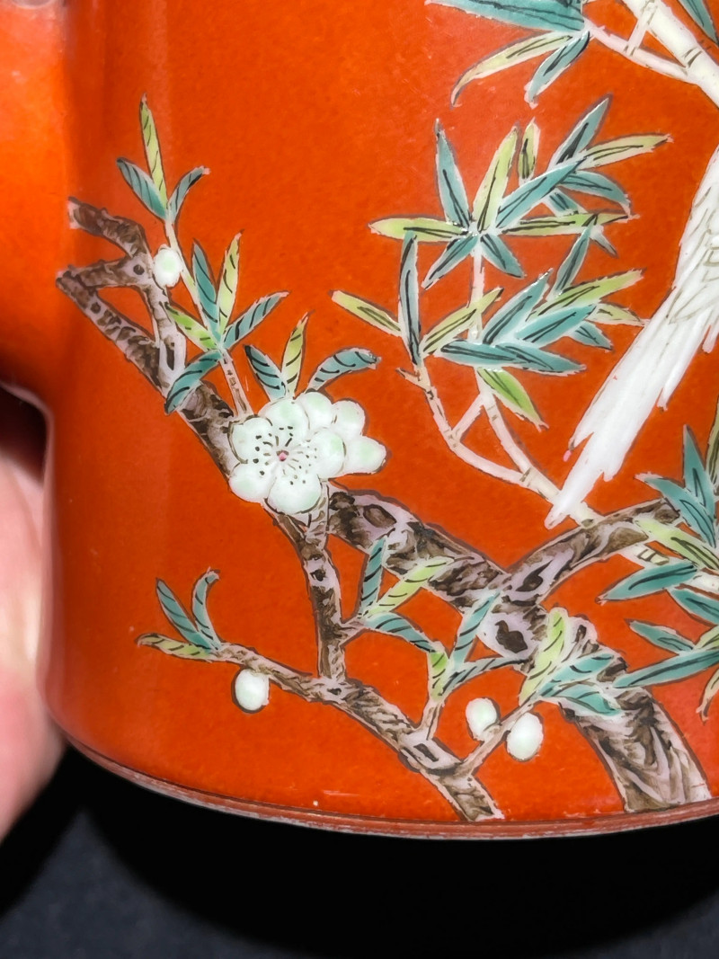 清咸丰 珊瑚红地粉彩花鸟纹执壶 - 图9
