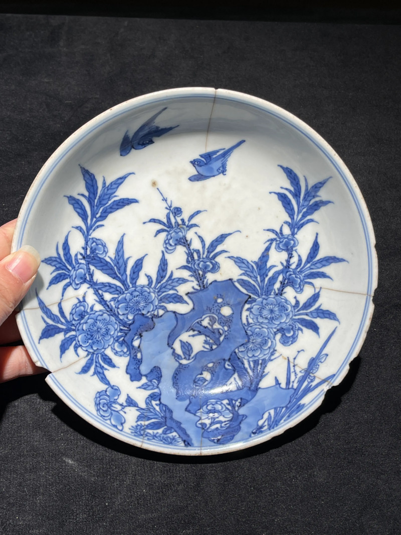 清康熙 青花花鸟纹盘 - 图2