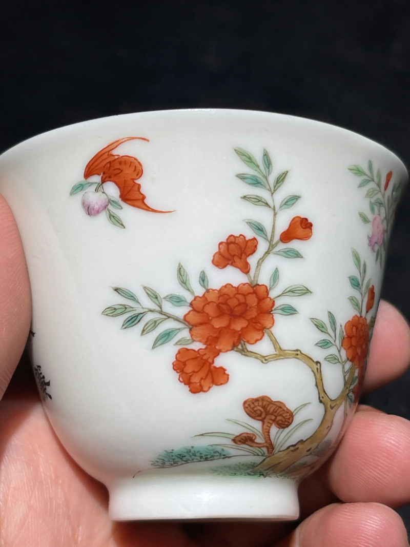 清道光 粉彩花卉诗文杯 - 图9