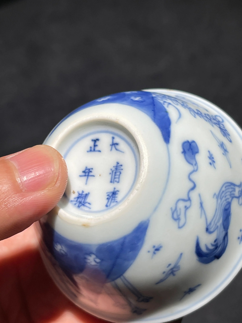 清雍正 青花鸡缸杯一对 - 图19