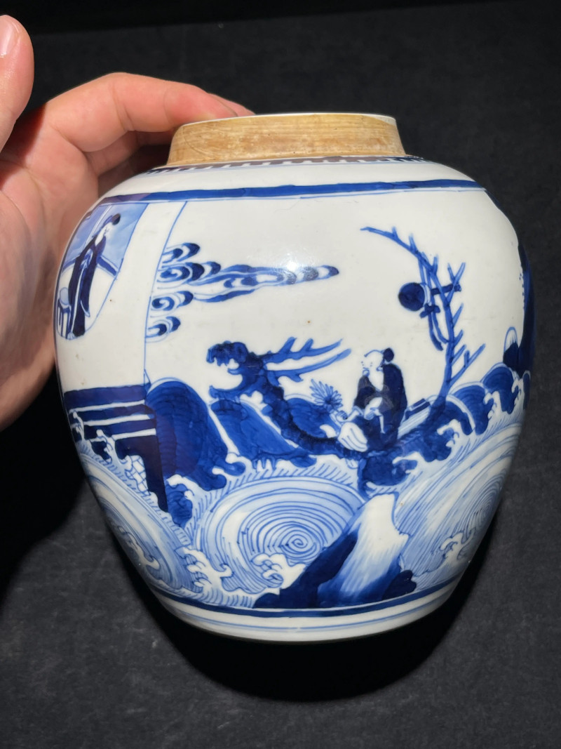 清康熙 青花仙人乘槎纹罐 - 图3