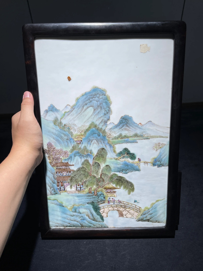 民国 粉彩山水纹插屏 - 图2