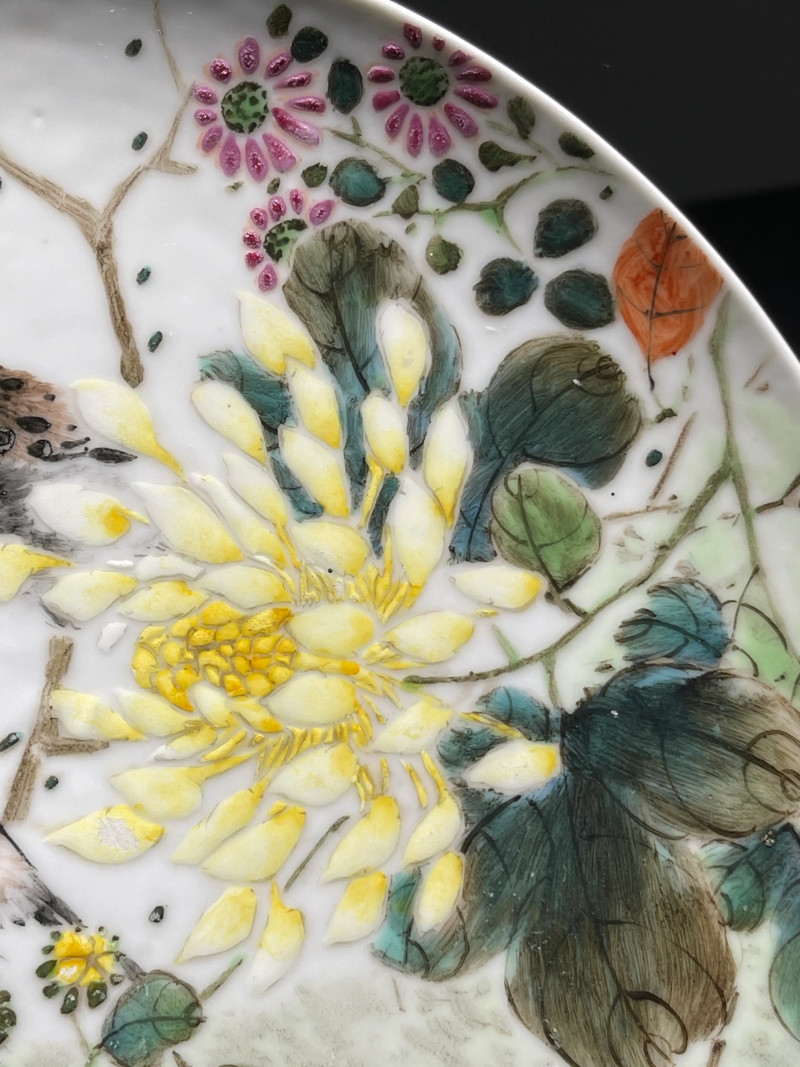 民国 张松涛画粉彩花鸟纹盘 - 图4