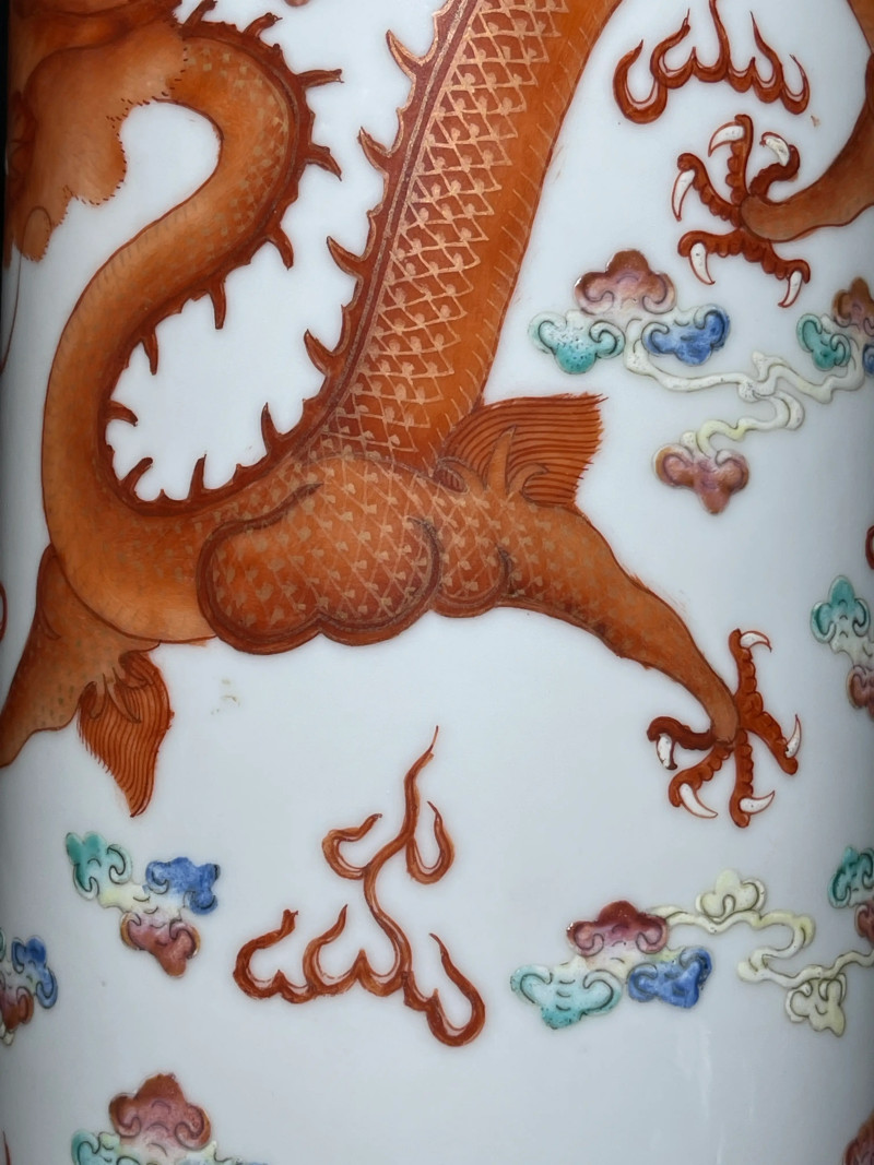 清光绪 粉彩苍龙教子纹帽筒 - 图9
