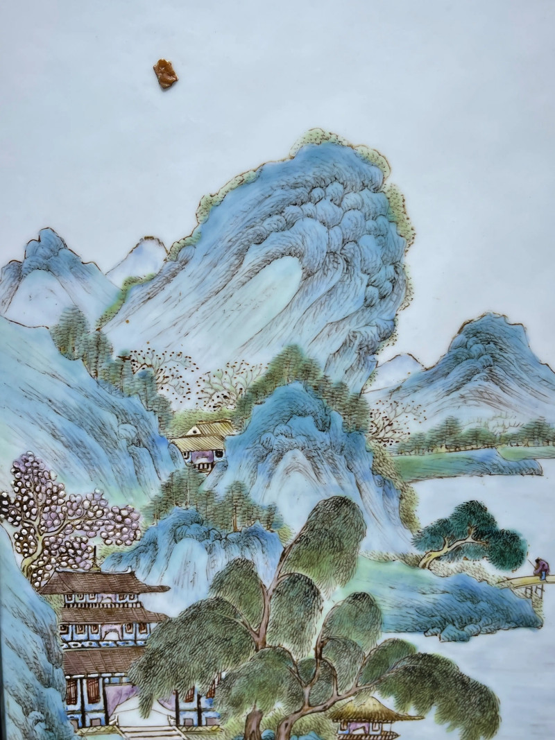 民国 粉彩山水纹插屏 - 图3