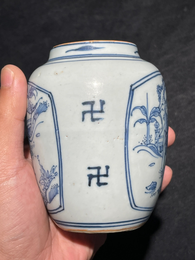 明晚期 青花铁线描高官厚禄纹小罐 - 图3