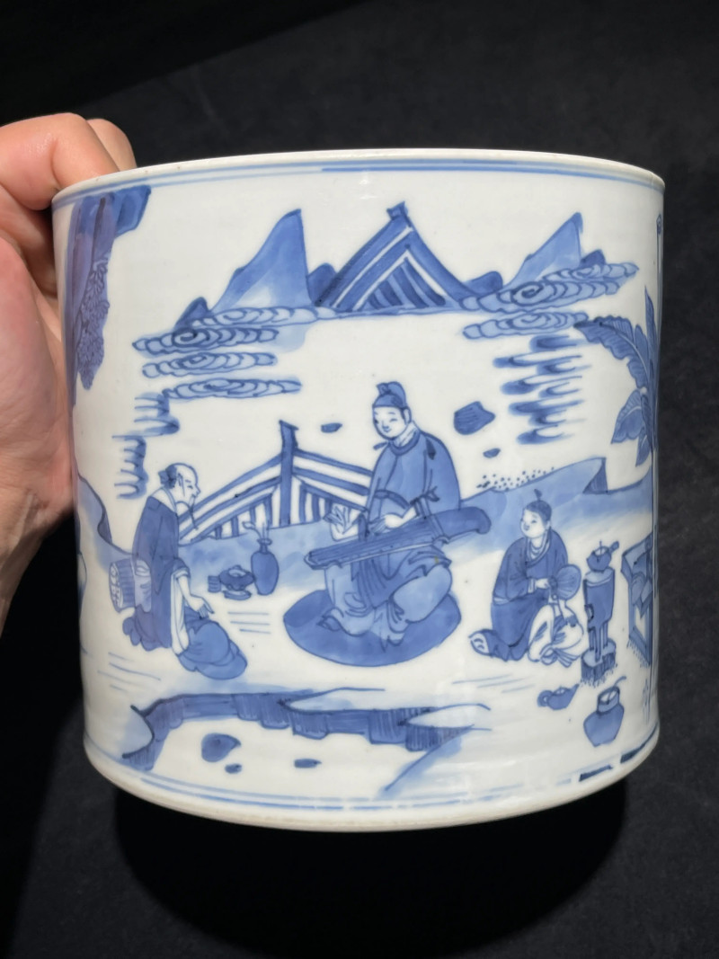 清康熙 青花竹林七贤纹笔筒 - 图2