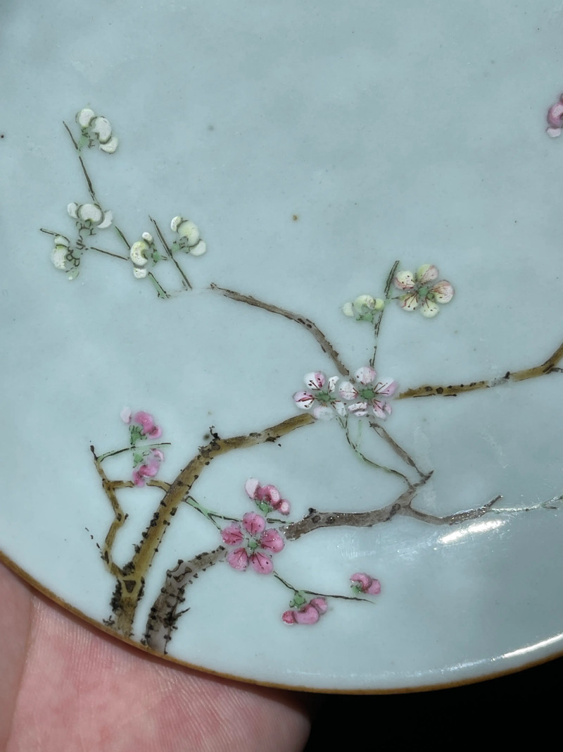 清乾隆 粉青地粉彩过枝梅花纹盘 - 图3